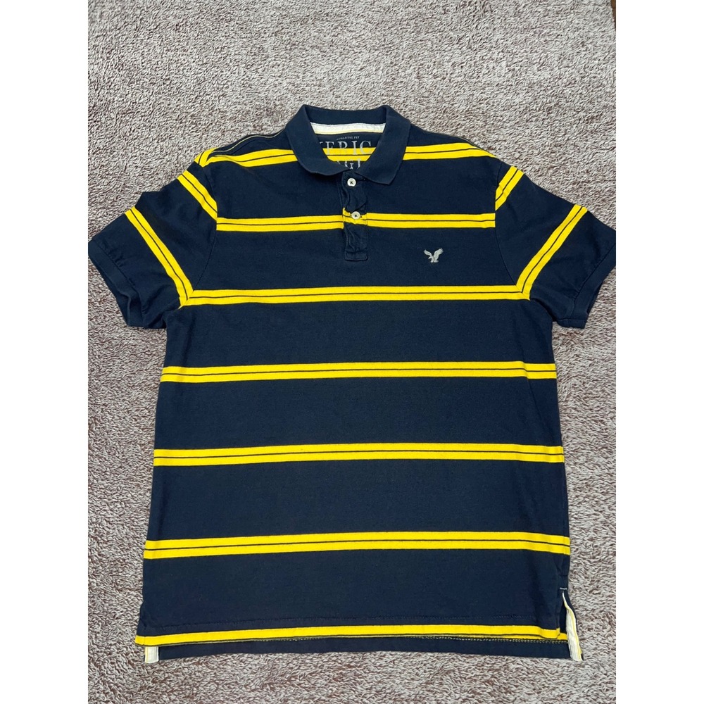 American Eagle Polo Mens XL Navy Yellow Striped Athletic Fit 2011 Cotton AEO